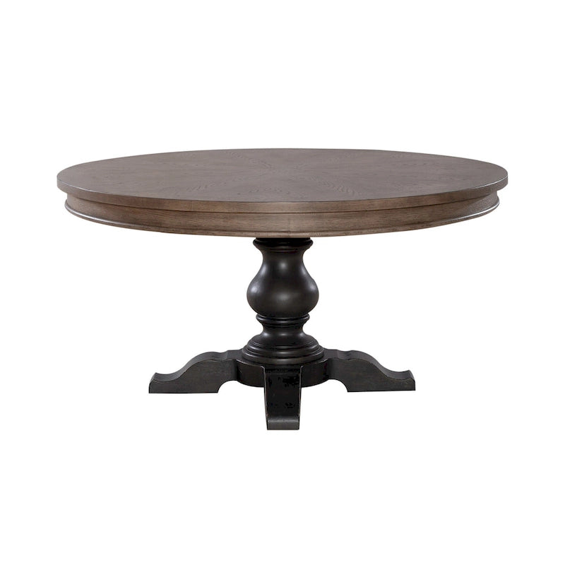 Round Pedestal Dining Table Starburst Oak Veneer Top Dusty Taupe Black