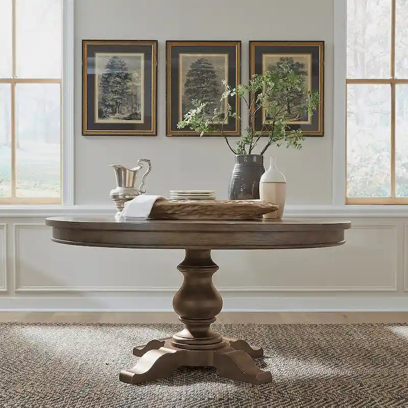 Round Pedestal Dining Table Starburst Oak Veneer Top Dusty Taupe Black