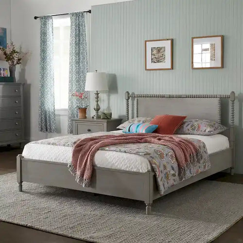 Beaded Spindle Wood Platform Bed Antique Finish Farmhouse Queen Full