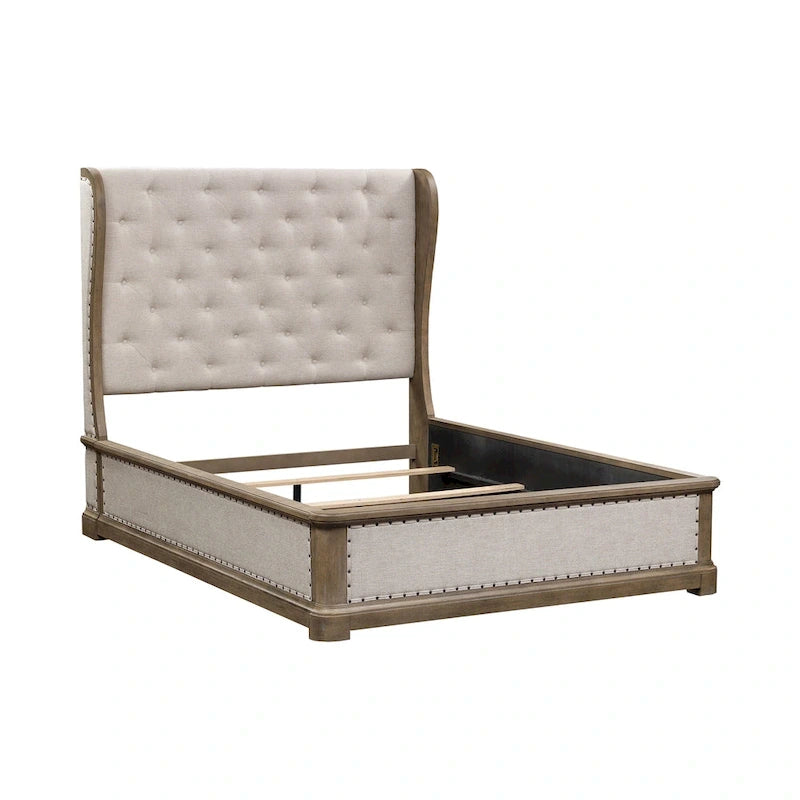 Shelter Bed Frame Button Tufted Headboard Cream Linen Nailhead Dusty Taupe