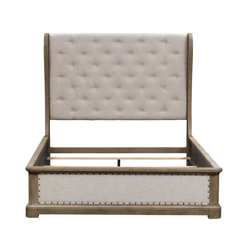 Shelter Bed Frame Button Tufted Headboard Cream Linen Nailhead Dusty Taupe
