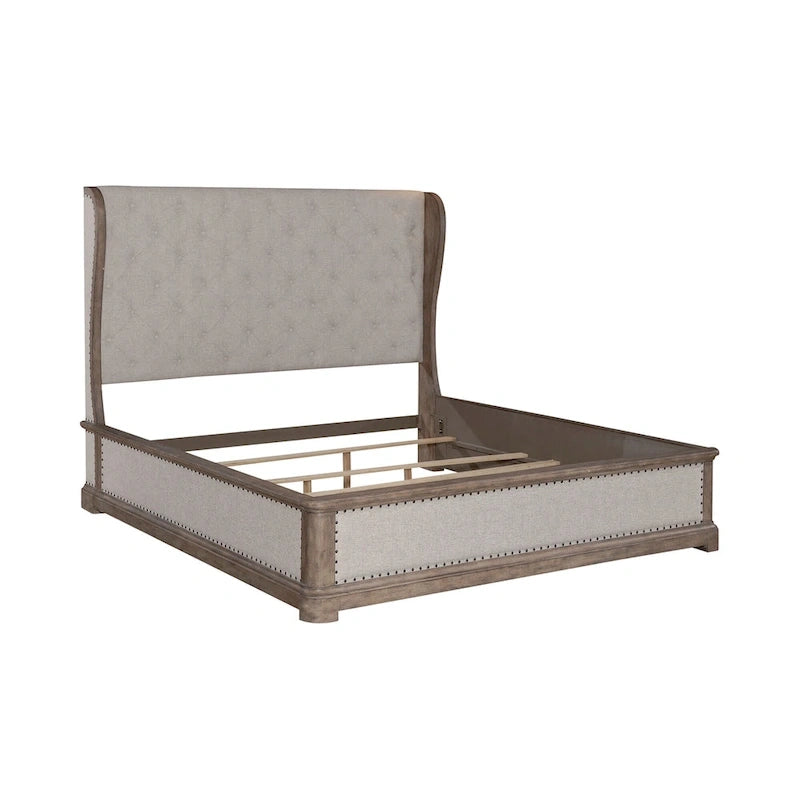Shelter Bed Frame Button Tufted Headboard Cream Linen Nailhead Dusty Taupe