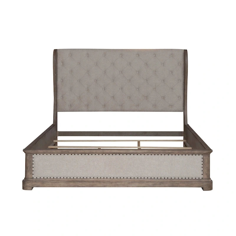 Shelter Bed Frame Button Tufted Headboard Cream Linen Nailhead Dusty Taupe