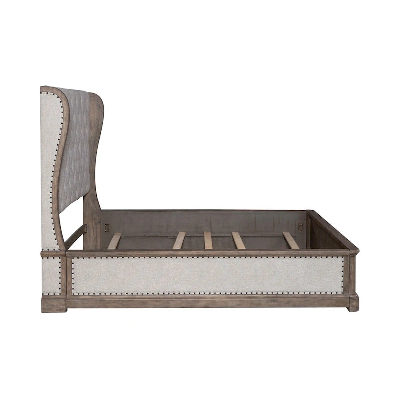 Shelter Bed Frame Button Tufted Headboard Cream Linen Nailhead Dusty Taupe