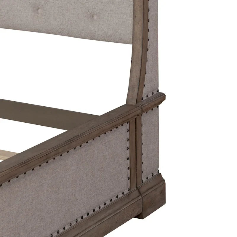 Shelter Bed Frame Button Tufted Headboard Cream Linen Nailhead Dusty Taupe
