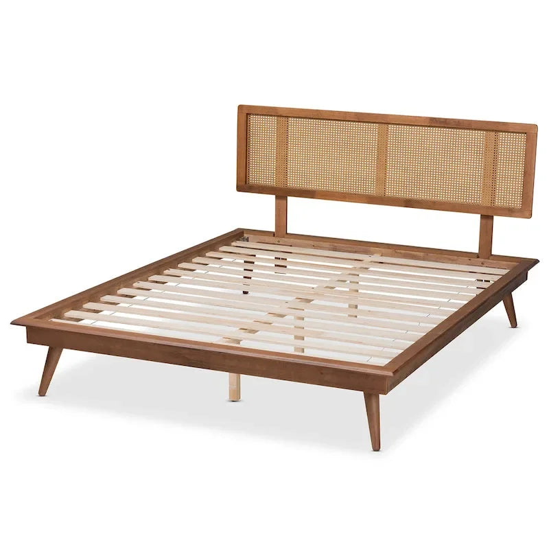 Nura Mid-Century Walnut Brown Wood and Rattan Platform Bed - Full