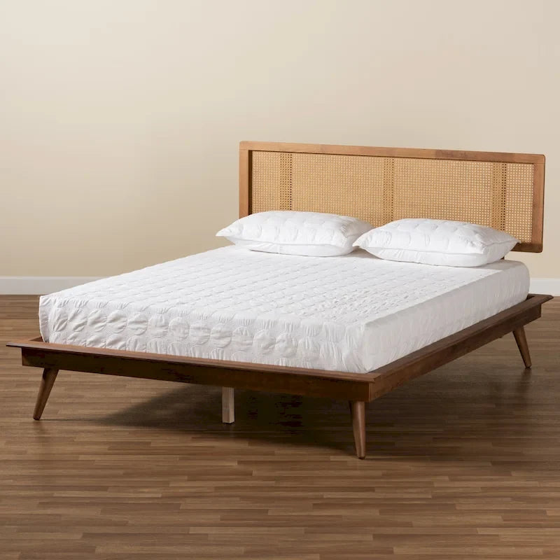 Nura Mid-Century Walnut Brown Wood and Rattan Platform Bed - Full