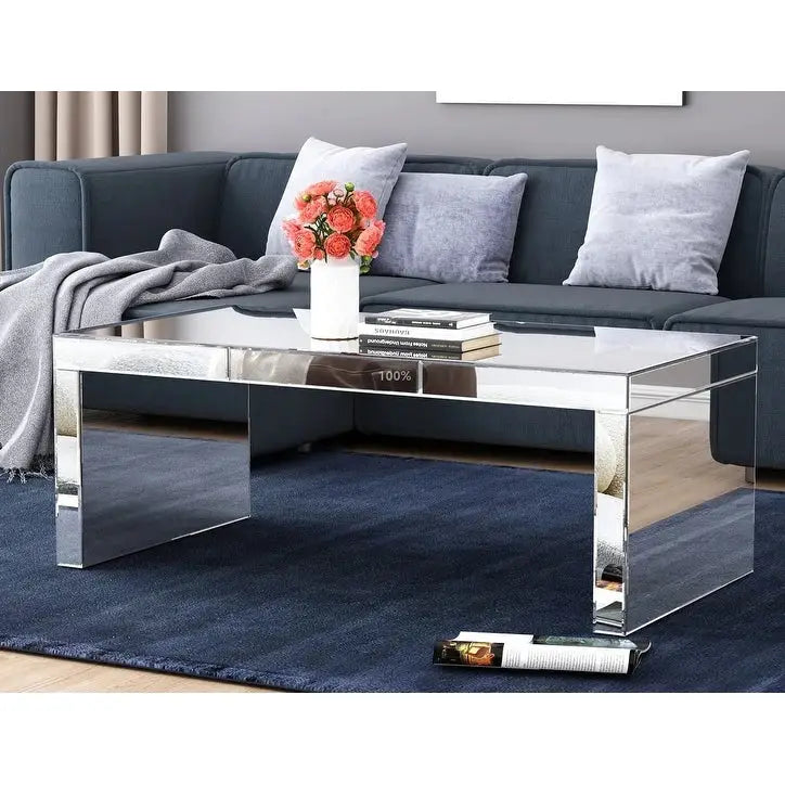 Glam Glass Mirrored Coffee Table Rectangle Silver Accent Table