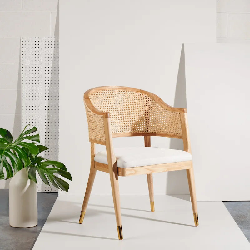 Mid Century Rattan Dining Chair Curved Back Upholstered Seat Brass Caps 3 Colors