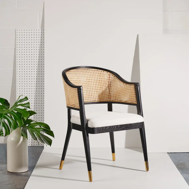 Mid Century Rattan Dining Chair Curved Back Upholstered Seat Brass Caps 3 Colors