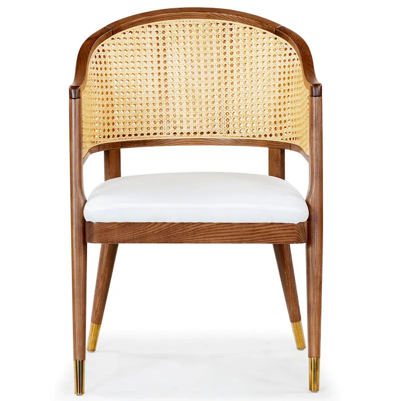 Mid Century Rattan Dining Chair Curved Back Upholstered Seat Brass Caps 3 Colors