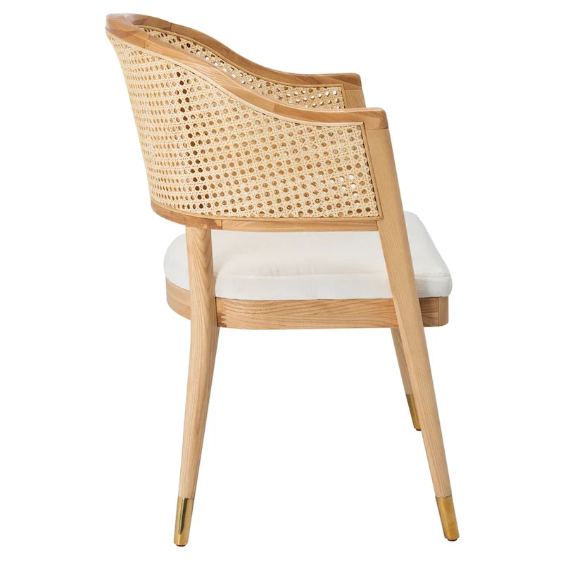 Mid Century Rattan Dining Chair Curved Back Upholstered Seat Brass Caps 3 Colors