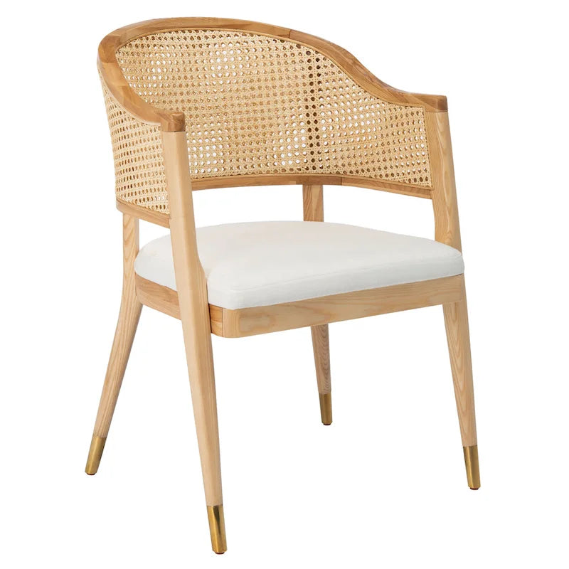 Mid Century Rattan Dining Chair Curved Back Upholstered Seat Brass Caps 3 Colors