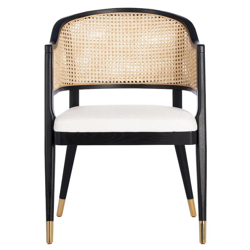 Mid Century Rattan Dining Chair Curved Back Upholstered Seat Brass Caps 3 Colors