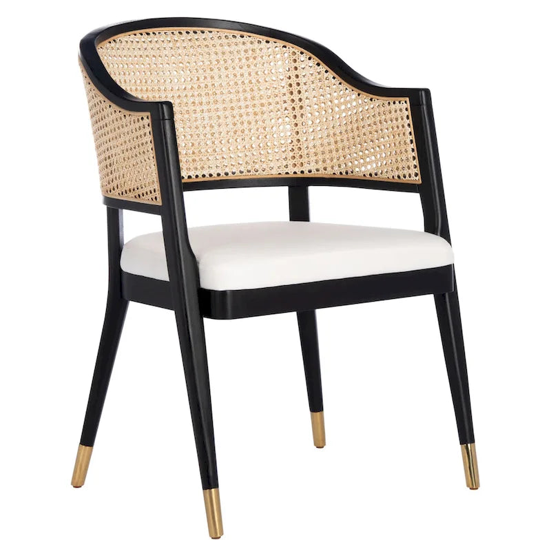 Mid Century Rattan Dining Chair Curved Back Upholstered Seat Brass Caps 3 Colors