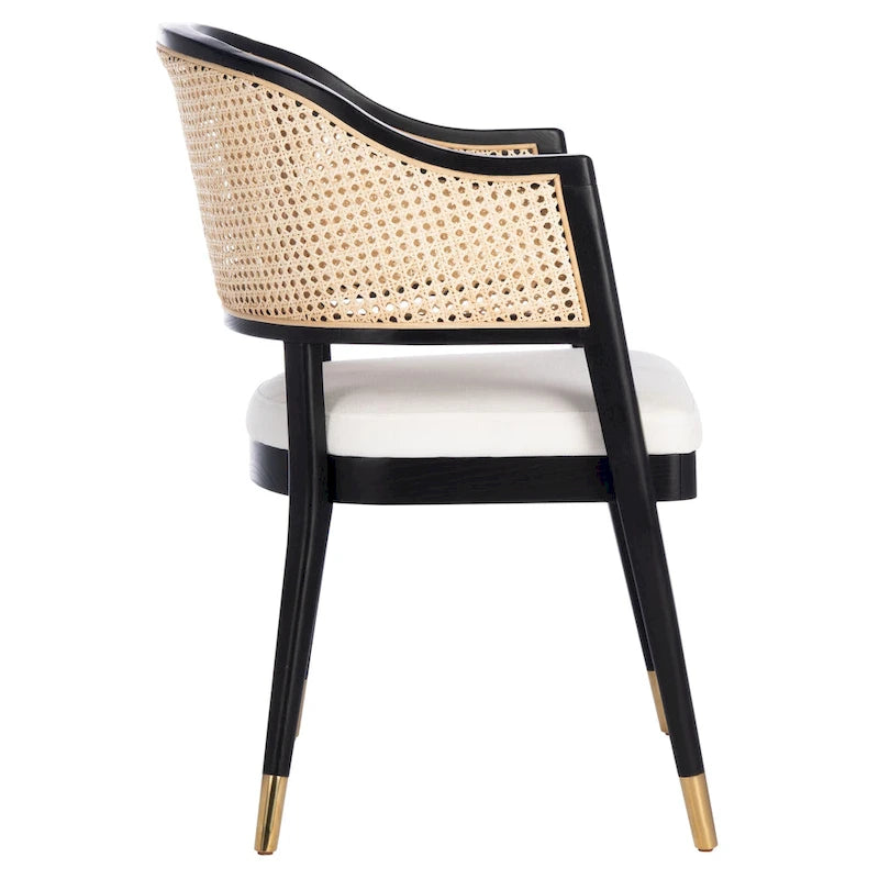 Mid Century Rattan Dining Chair Curved Back Upholstered Seat Brass Caps 3 Colors