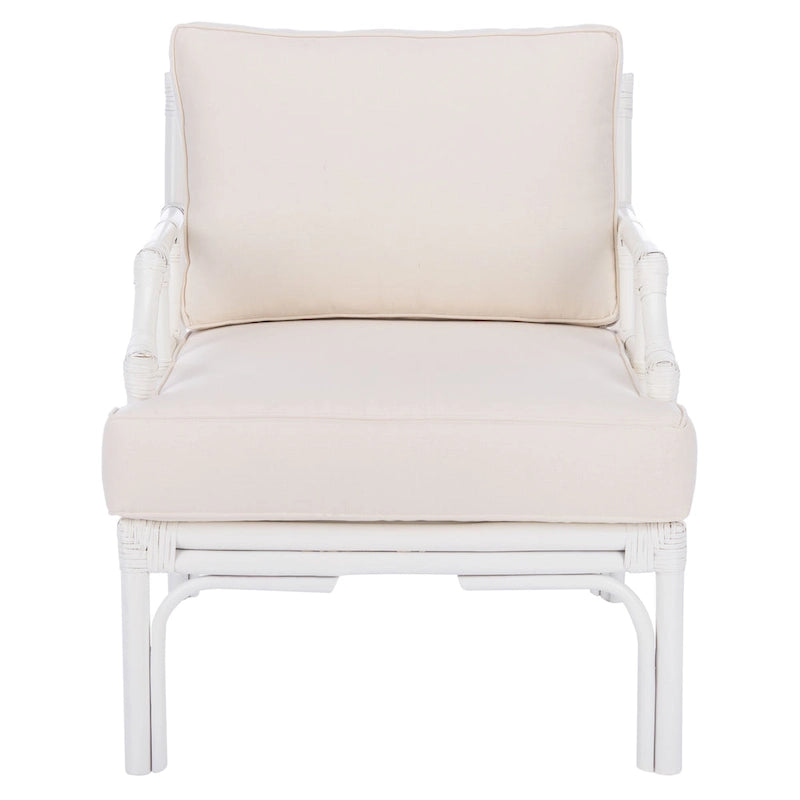 Rattan Accent Chair Bamboo Inspired White Frame Cotton Blend Cushion Chinoiserie