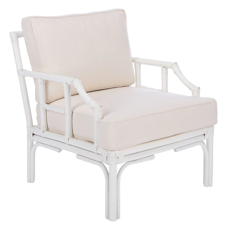 Rattan Accent Chair Bamboo Inspired White Frame Cotton Blend Cushion Chinoiserie