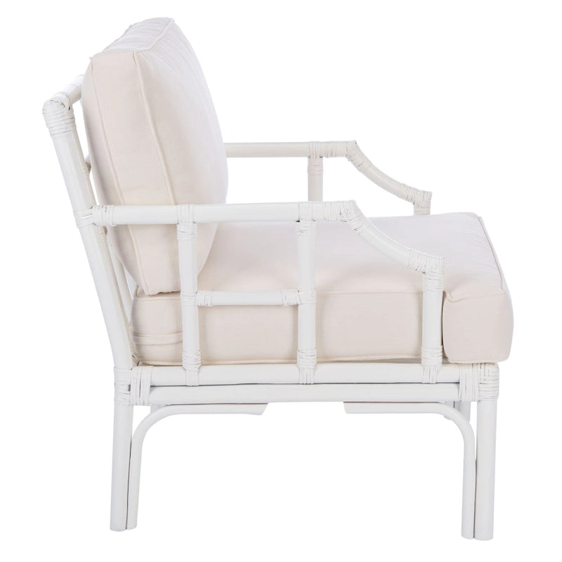 Rattan Accent Chair Bamboo Inspired White Frame Cotton Blend Cushion Chinoiserie