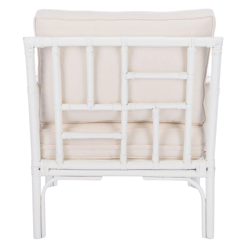 Rattan Accent Chair Bamboo Inspired White Frame Cotton Blend Cushion Chinoiserie