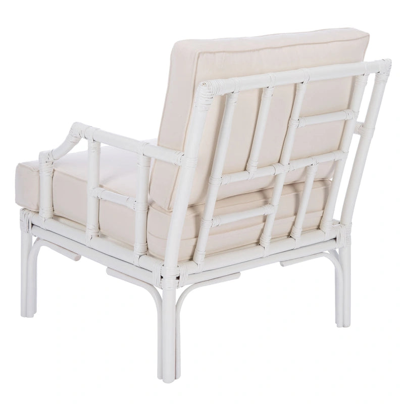 Rattan Accent Chair Bamboo Inspired White Frame Cotton Blend Cushion Chinoiserie