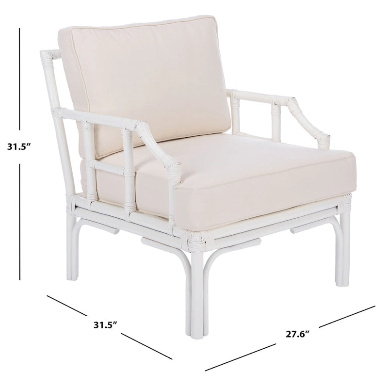 Rattan Accent Chair Bamboo Inspired White Frame Cotton Blend Cushion Chinoiserie