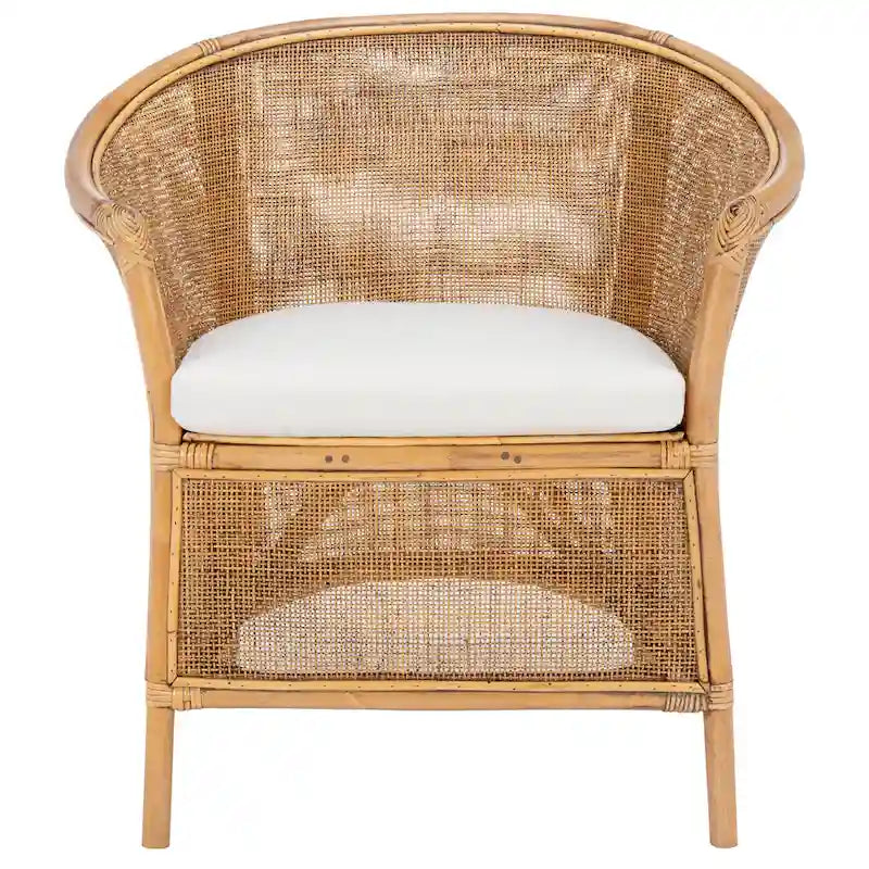 Rattan Barrel Accent Chair Honey Brown Woven Frame White Cushion Coastal