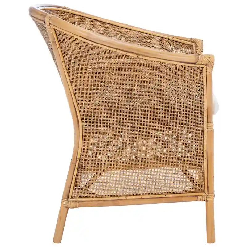 Rattan Barrel Accent Chair Honey Brown Woven Frame White Cushion Coastal