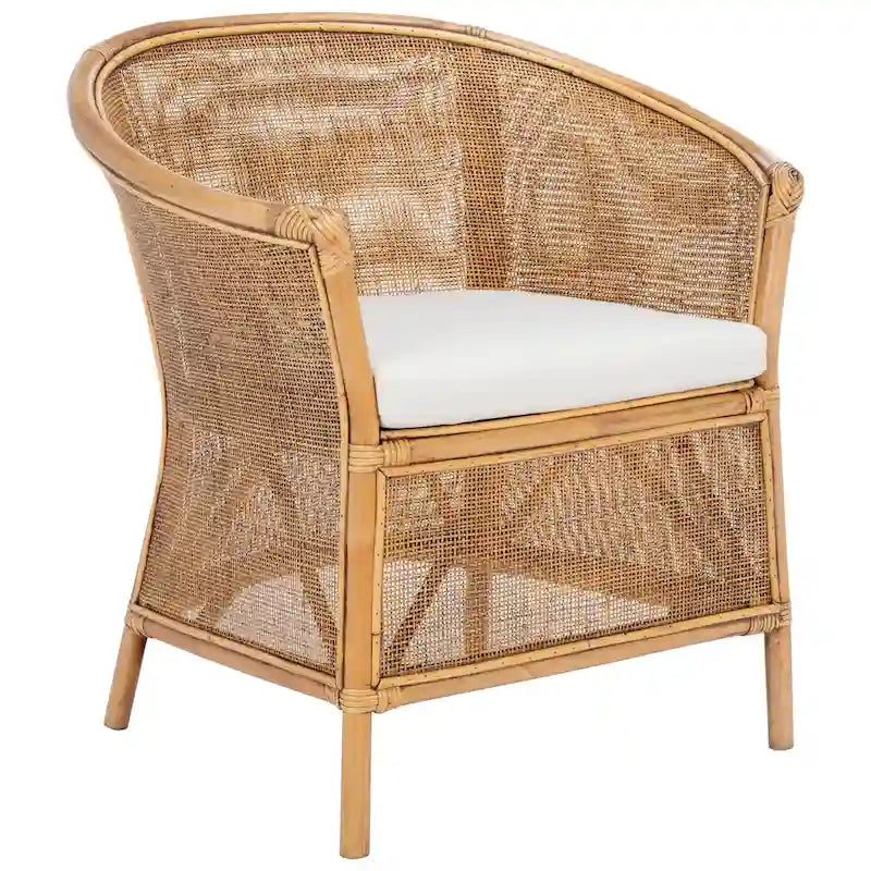 Rattan Barrel Accent Chair Honey Brown Woven Frame White Cushion Coastal