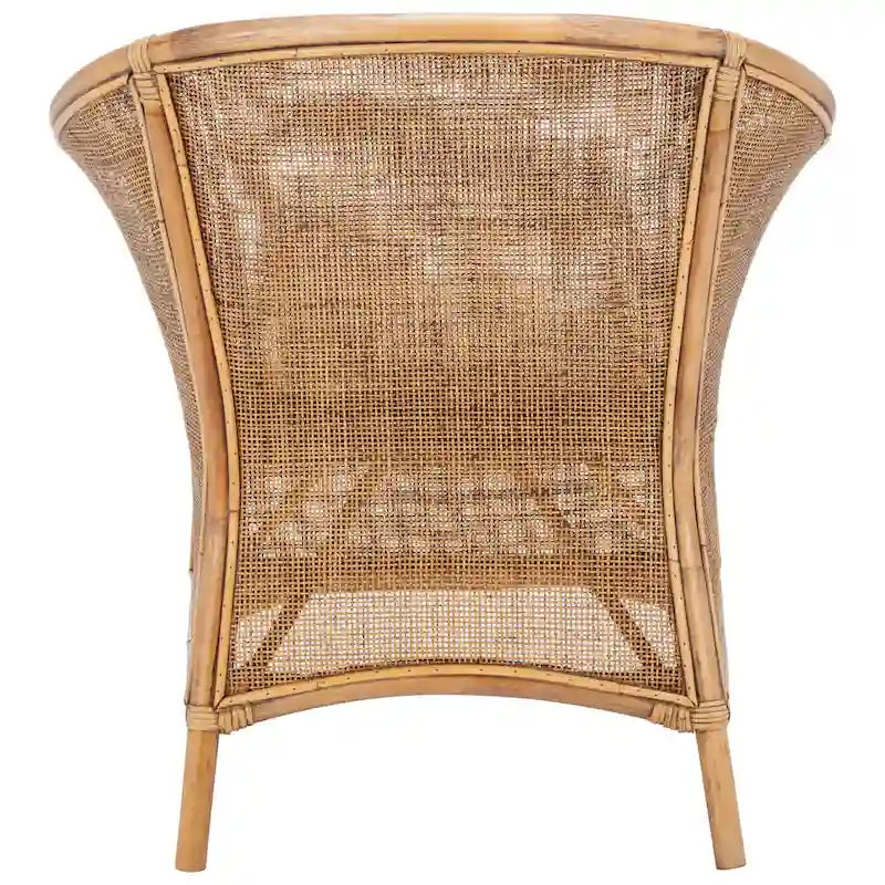 Rattan Barrel Accent Chair Honey Brown Woven Frame White Cushion Coastal
