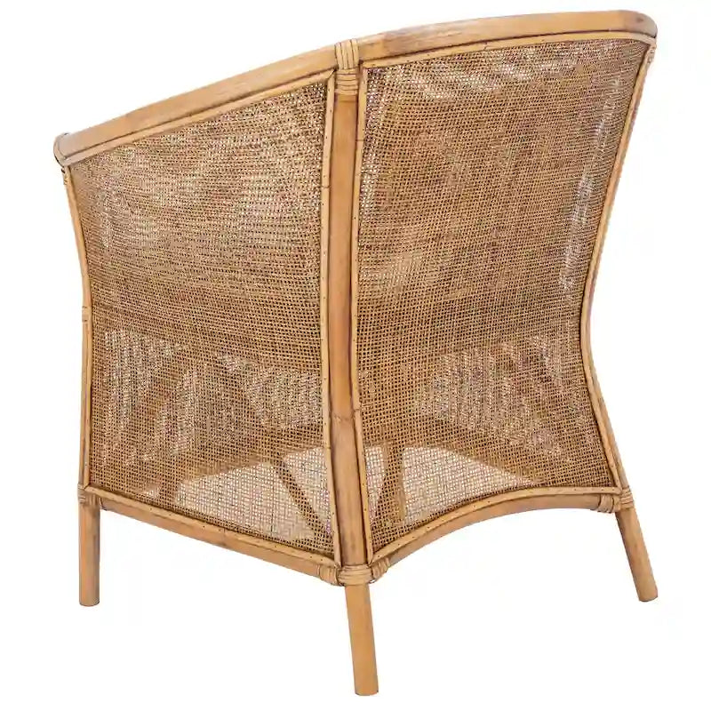 Rattan Barrel Accent Chair Honey Brown Woven Frame White Cushion Coastal