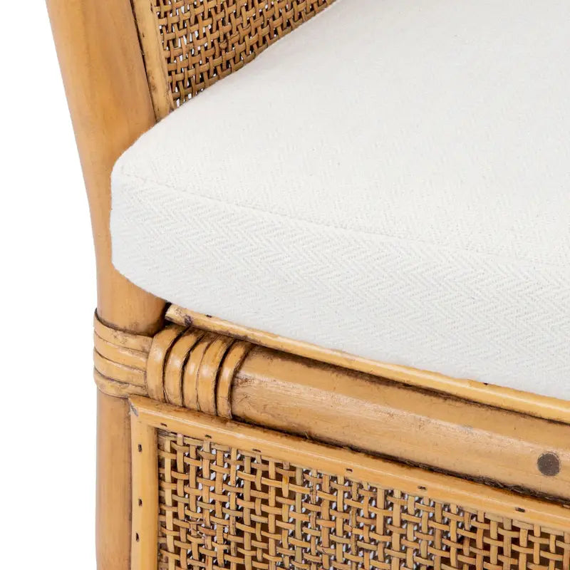 Rattan Barrel Accent Chair Honey Brown Woven Frame White Cushion Coastal