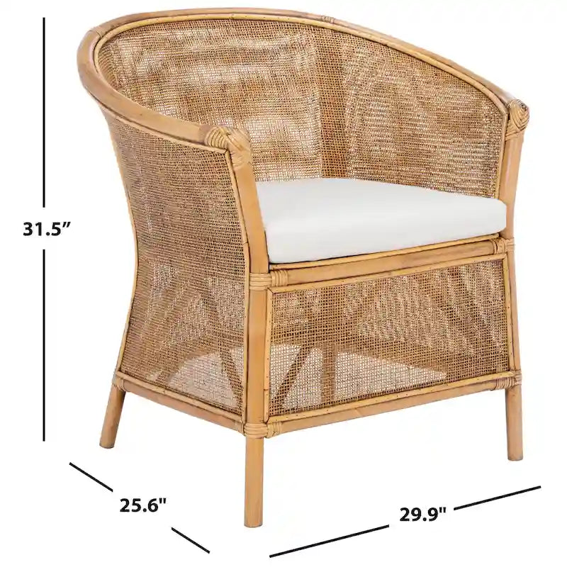 Rattan Barrel Accent Chair Honey Brown Woven Frame White Cushion Coastal