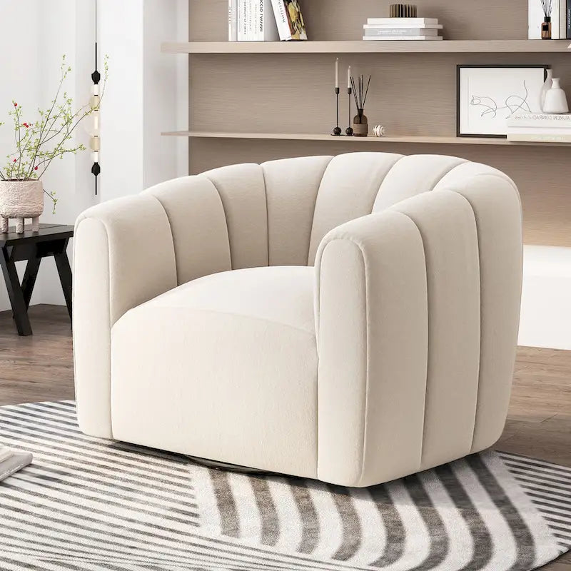 Modern Boucle Swivel Club Chair Tub Design 360 Degree Rotation Channel Back