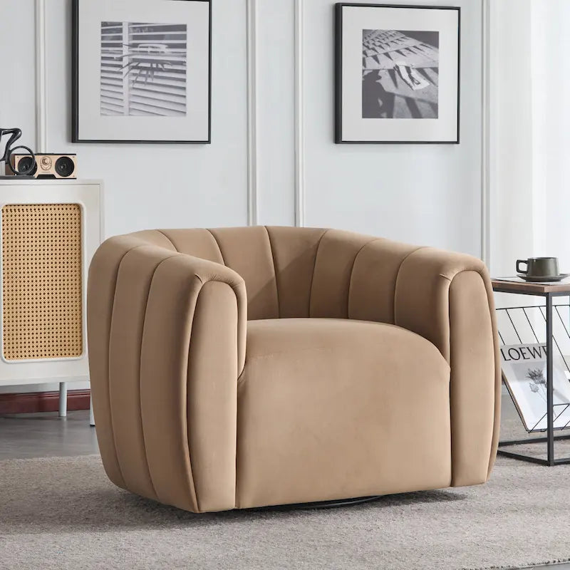 Modern Boucle Swivel Club Chair Tub Design 360 Degree Rotation Channel Back