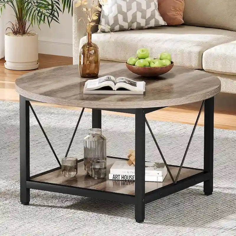 Round Coffee Table 31.5 Inch 2 Tier Storage Shelf X Frame Metal 7 Colors