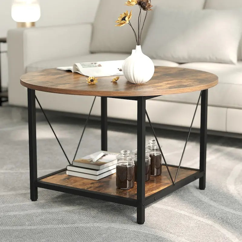 Round Coffee Table 31.5 Inch 2 Tier Storage Shelf X Frame Metal 7 Colors