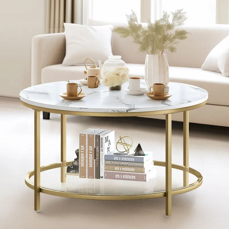 Round Coffee Table 31.5 Inch 2 Tier Storage Shelf X Frame Metal 7 Colors