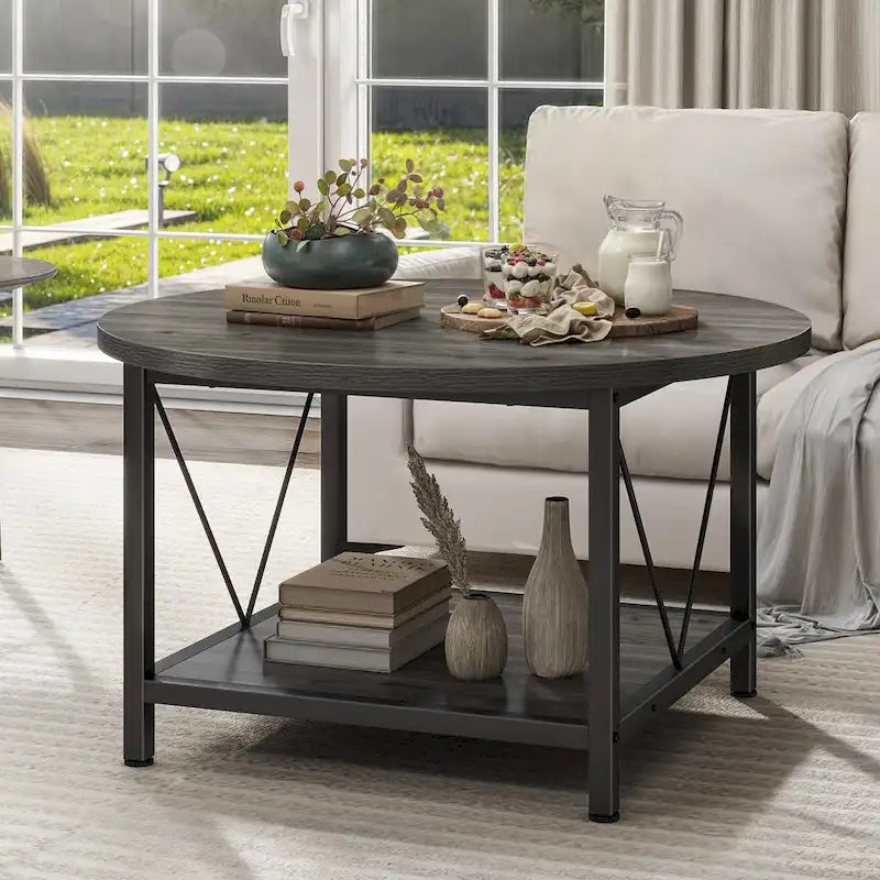Round Coffee Table 31.5 Inch 2 Tier Storage Shelf X Frame Metal 7 Colors