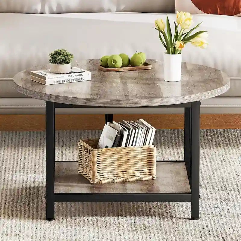 Moasis 31.5 Farmhouse Round Coffee Table, Rustic 2-Tier Center Table with Storage Open Shelf