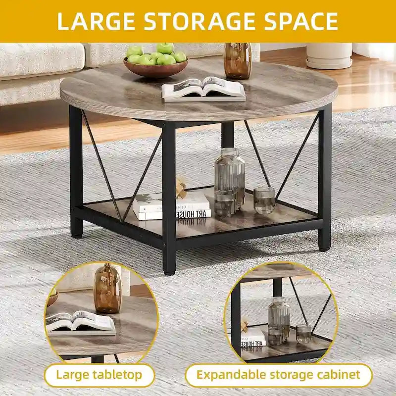 Moasis 31.5 Farmhouse Round Coffee Table, Rustic 2-Tier Center Table with Storage Open Shelf