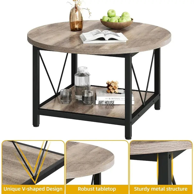 Moasis 31.5 Farmhouse Round Coffee Table, Rustic 2-Tier Center Table with Storage Open Shelf