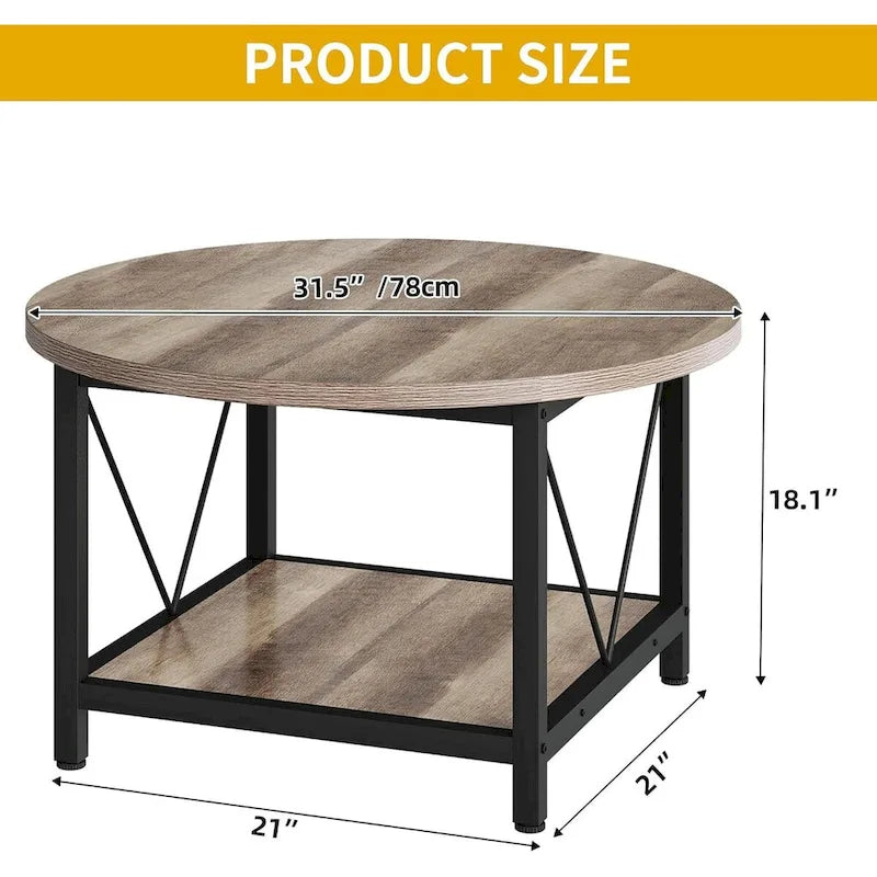Moasis 31.5 Farmhouse Round Coffee Table, Rustic 2-Tier Center Table with Storage Open Shelf