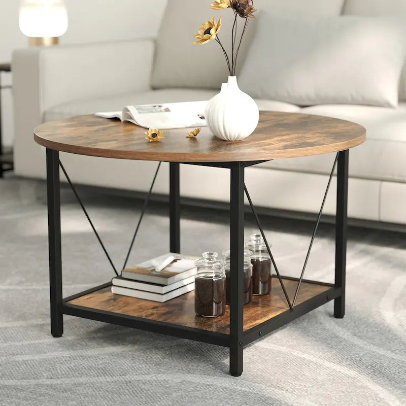 Moasis 31.5 Farmhouse Round Coffee Table, Rustic 2-Tier Center Table with Storage Open Shelf