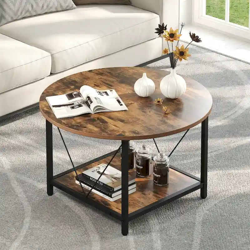 Moasis 31.5 Farmhouse Round Coffee Table, Rustic 2-Tier Center Table with Storage Open Shelf