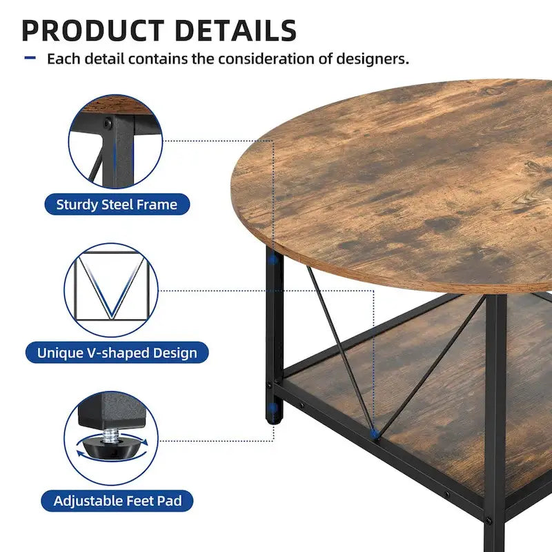 Moasis 31.5 Farmhouse Round Coffee Table, Rustic 2-Tier Center Table with Storage Open Shelf
