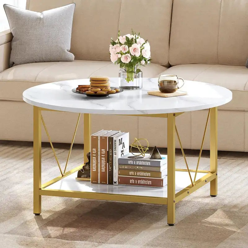Moasis 31.5 Farmhouse Round Coffee Table, Rustic 2-Tier Center Table with Storage Open Shelf