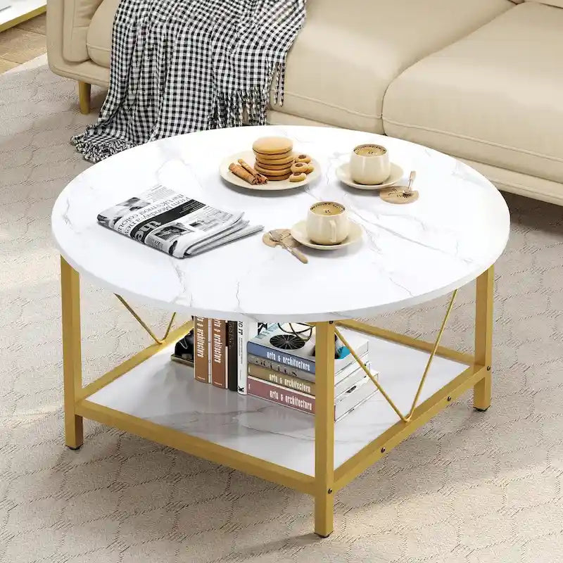 Moasis 31.5 Farmhouse Round Coffee Table, Rustic 2-Tier Center Table with Storage Open Shelf