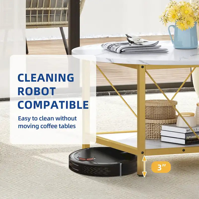 Moasis 31.5 Farmhouse Round Coffee Table, Rustic 2-Tier Center Table with Storage Open Shelf