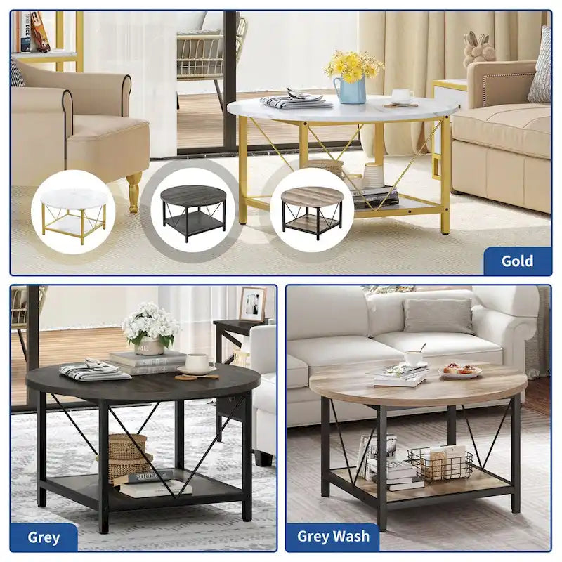 Moasis 31.5 Farmhouse Round Coffee Table, Rustic 2-Tier Center Table with Storage Open Shelf